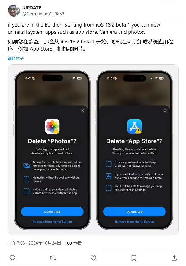 涞水苹果手机维修分享iOS 18.2 支持删除 App Store 应用商店 