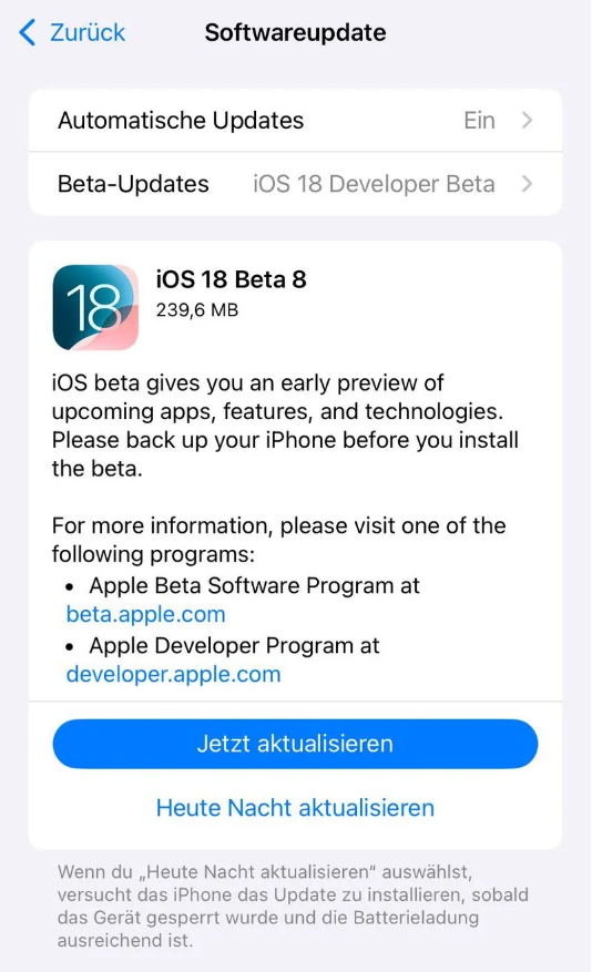 涞水苹果手机维修分享苹果 iOS / iPadOS 18 开发者预览版 Beta 8 发布 